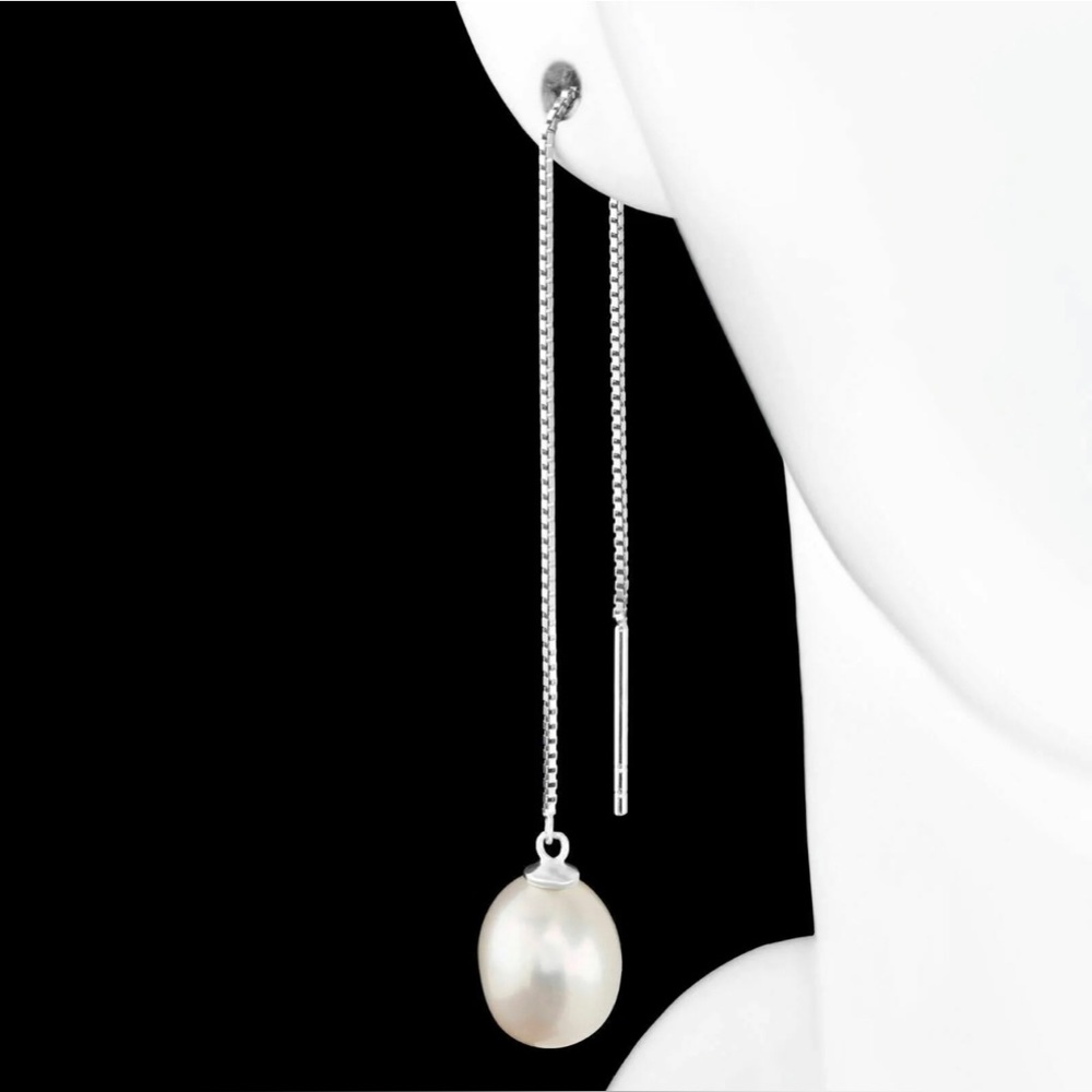 Natural 10X8mm Freshwater Pearl Threader Lock Sterling Sliver 925 Earrings